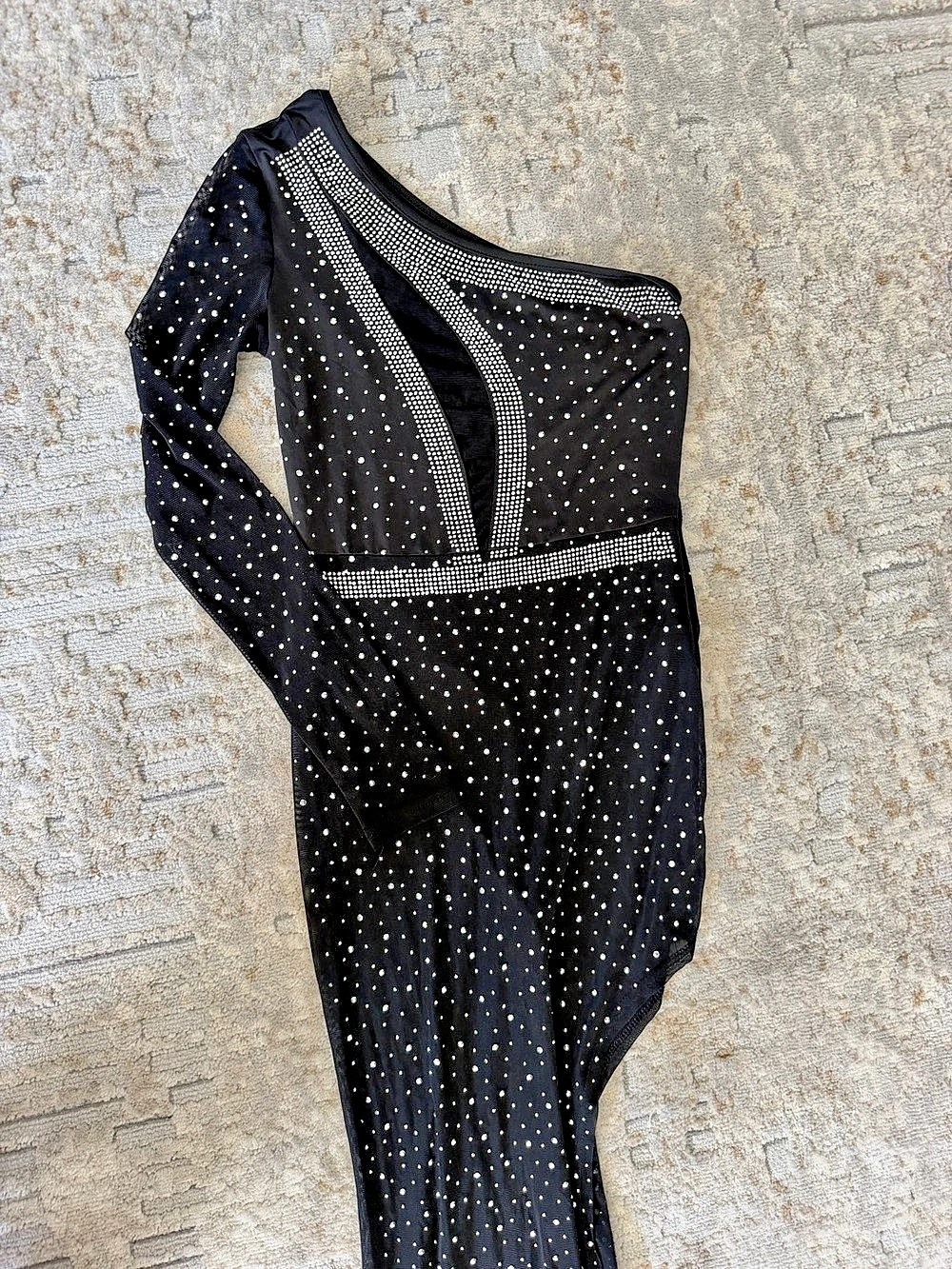 One Shoulder Polka Dot rhinostone Maxi Dress in Black Like New